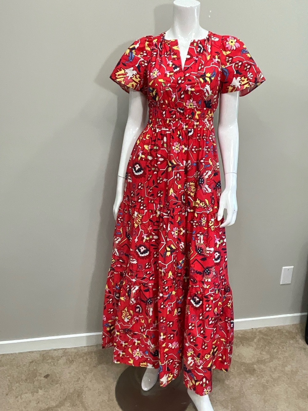 ANTHROPOLOGIE Somerset Printed Poplin Maxi Dress Red Floral XXS